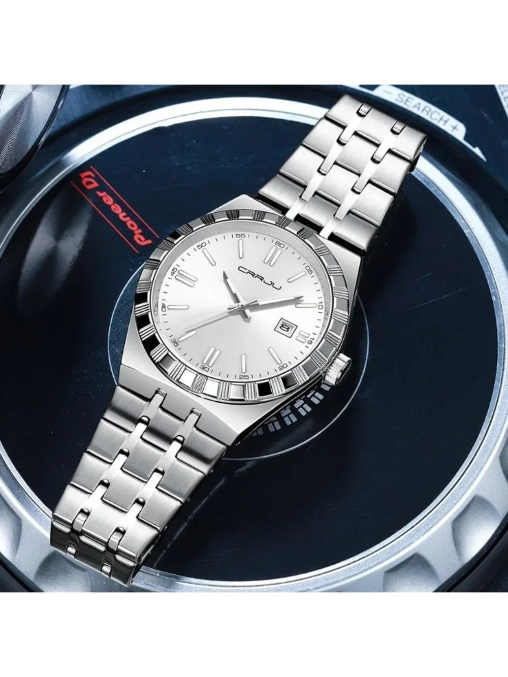 Crrju Men's White Luxury Luminous Analog Quartz Classic Calendar Silver Watch